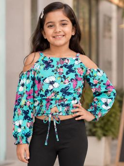 KiddoPanti - Girls Georgette Woven Strappy Cold Shoulder Sleeves Floral Printed Top