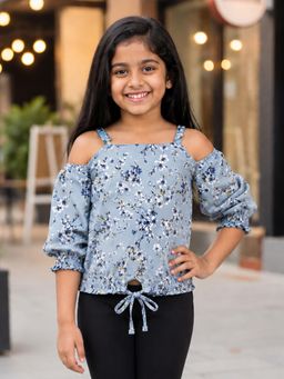 KiddoPanti - Girls Georgette Woven Strappy Cold Shoulder Sleeves Floral Printed Top