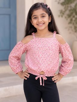 KiddoPanti - Girls Georgette Woven Strappy Cold Shoulder Sleeves Floral Printed Top