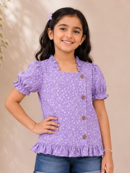KiddoPanti - Girls Rayon Woven Puff Sleeve Floral Printed Short Top