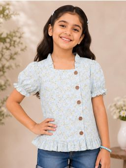 KiddoPanti - Girls Rayon Woven Puff Sleeve Floral Printed Short Top
