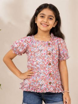 KiddoPanti - Girls Rayon Woven Puff Sleeve Floral Printed Short Top