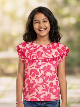 KiddoPanti - Girls Georgette Woven Sleeveless Floral Printed Pom Lace Top