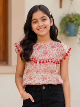 KiddoPanti - Girls Georgette Woven Sleeveless Floral Printed Pom Lace Top