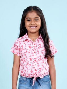 KiddoPanti - Girls Georgette Woven Half Sleeves Floral Printed Tie Up Regular Fit Top