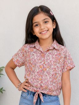 KiddoPanti - Girls Rayon Woven Regular Half Sleeves Fit Tie Up Floral Printed Top