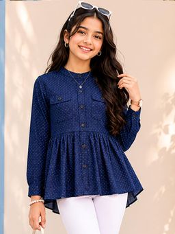 KiddoPanti - Girls Cotton Woven Full Sleeves Dobby Top with Pleated Bottom