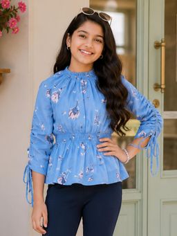 KiddoPanti - Girls Georgette Woven Full Sleeves Geathered with Smocking Waist Top
