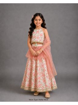 The Little Tales - Peach Tulip Print Hehenga and Blouse with Dupatta