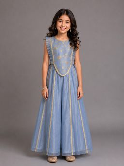 The Little Tales - Powder Blue Embordered Crop Top and Palazzo