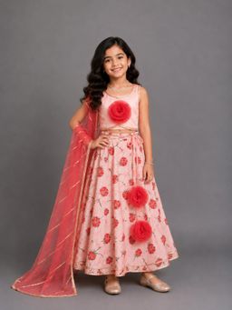 The Little Tales - Baby Pink Rose Print 3D Floral Lehenga and Blouse with Dupatta