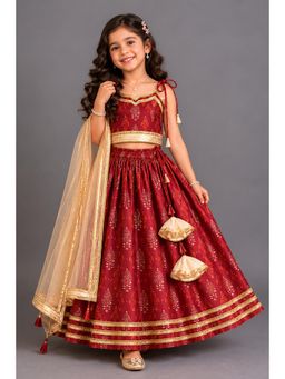 The Little Tales - Maroon Noodle Strap Printed Lehenga and Blouse with Dupatta