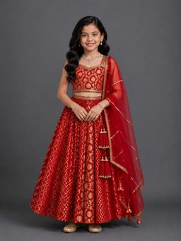 The Little Tales - Red Chanderi Strap Lehenga and Blouse with Dupatta