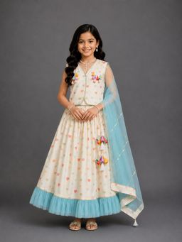 The Little Tales - Off White Heart Print Lehenga and Blouse with Dupatta