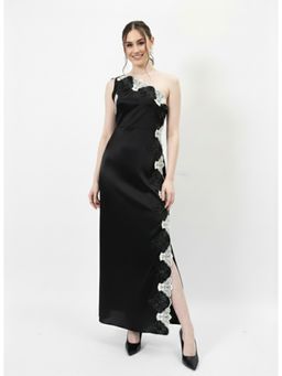 AAREIN - Black One Shoulder Embroidered Tie-Up Satin Maxi Dress