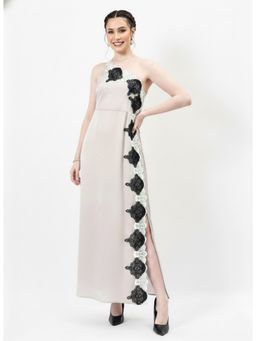 AAREIN - Silver One Shoulder Embroidered Tie-Up Satin Maxi Dress