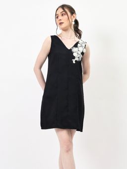AAREIN - Black Linen Embroidered Applique Mini Dress