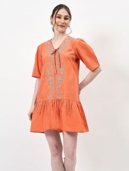 AAREIN - Rust Pure Cotton Embroidered Mini Dress