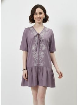 AAREIN - Lavender Pure Cotton Embroidered Mini Dress