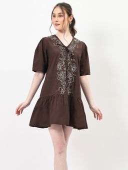 AAREIN - Brown Pure Cotton Embroidered Mini Dress