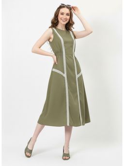 AAREIN - Olive Pure Cotton Boat Neck Lace Midi Dress