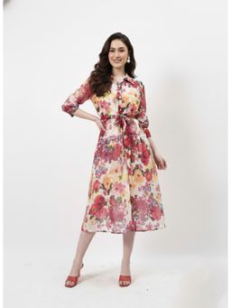 AAREIN - Pink Floral Printed Drop Waisted Midi Dress