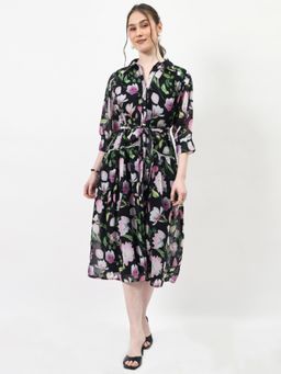 AAREIN - Black Floral Printed Drop Waisted Midi Dress