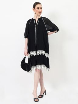 AAREIN - Black Self Design Lace A-Line Knee Length Dress