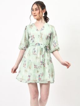 AAREIN - Green Georgette Floral Mini Dress