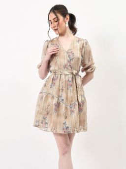 AAREIN - Beige Georgette Floral Mini Dress
