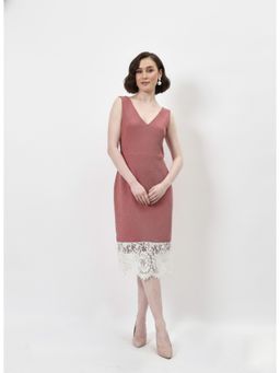 AAREIN - Pink V-Neck Lace Bodycon Midi Dress