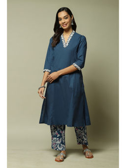 Biba - Womens Blue Solid Viscose A-line Suit (Set of 3)