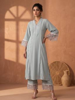 AADVIKA - Women Grey Embroidered Beads Work Kurta with Pant