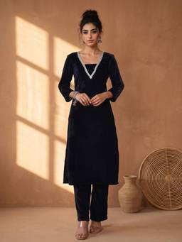 AADVIKA - Women Navy Blue Solid Lace Work Kurta with Pant
