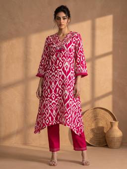 AADVIKA - Women Pink Ikat Printed Kurta with Pant
