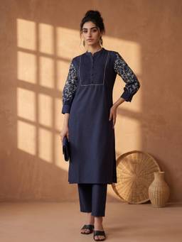 AADVIKA - Women Navy Blue Floral Embroidered Kurta with Pant