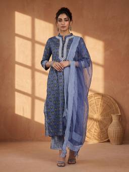 AADVIKA - Women Blue Floral Embroidered Kurta with Pant and Dupatta