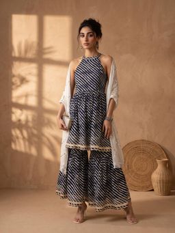 AADVIKA - Women Navy Blue Leheriya Printed Kurta with Sharara and Dupatta