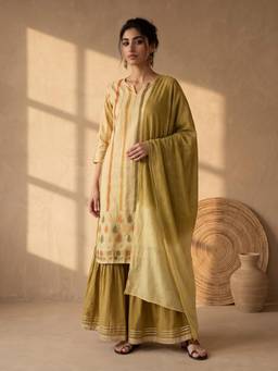 AADVIKA - Women Beige-Olive Stripes Zari Work Kurta with Sharara and Dupatta