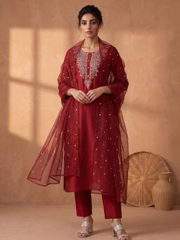 AADVIKA - Women Maroon Embroidered Zari Work Kurta with Pant and Dupatta