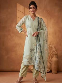 AADVIKA - Women Light Green Floral Embroidered Kurta with Pant and Dupatta