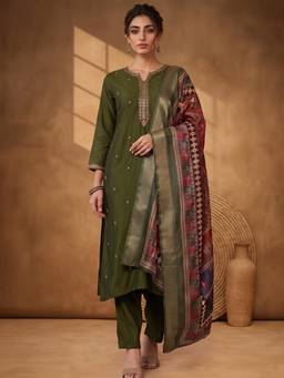AADVIKA - Women Olive Embroidered Mirror Work Kurta with Pant and Dupatta