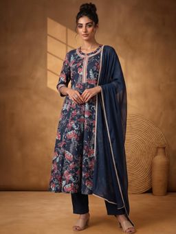 AADVIKA - Women Navy Blue Floral Printed Anarkali Kurta with Pant and Dupatta