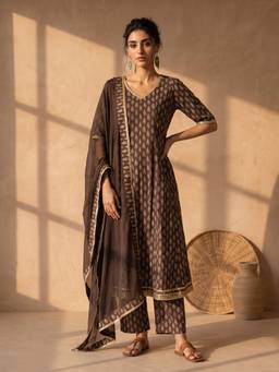 AADVIKA - Women Brown Floral Printed Kurta with Pant and Dupatta