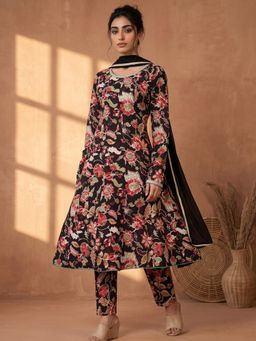 AADVIKA - Women Black Floral Printed Anarkali Kurta with Pant and Dupatta
