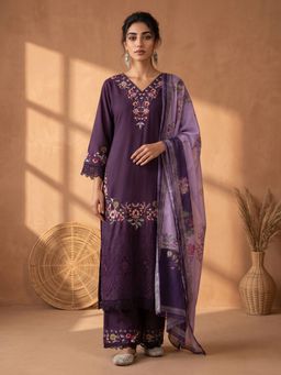 AADVIKA - Women Purple Floral Embroidered Kurta with Pant and Dupatta