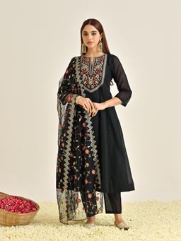 Rustorange - Women Black Floral Embroidered Anarkali Kurta with Pant and Dupatta