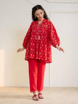 Rustorange - Women Red Floral Printed Co-Ord-Set