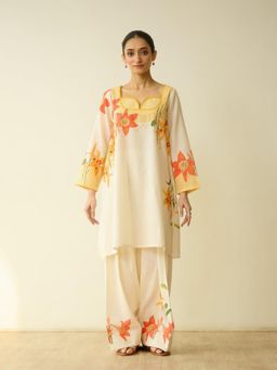 Rustorange - Women Masakali Cream-Yellow Floral Printed Kurta with Farshi Salwar