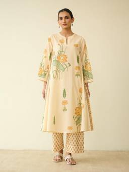 Rustorange - Women Lotus Bloom Cream Floral Printed Kurta with Pant